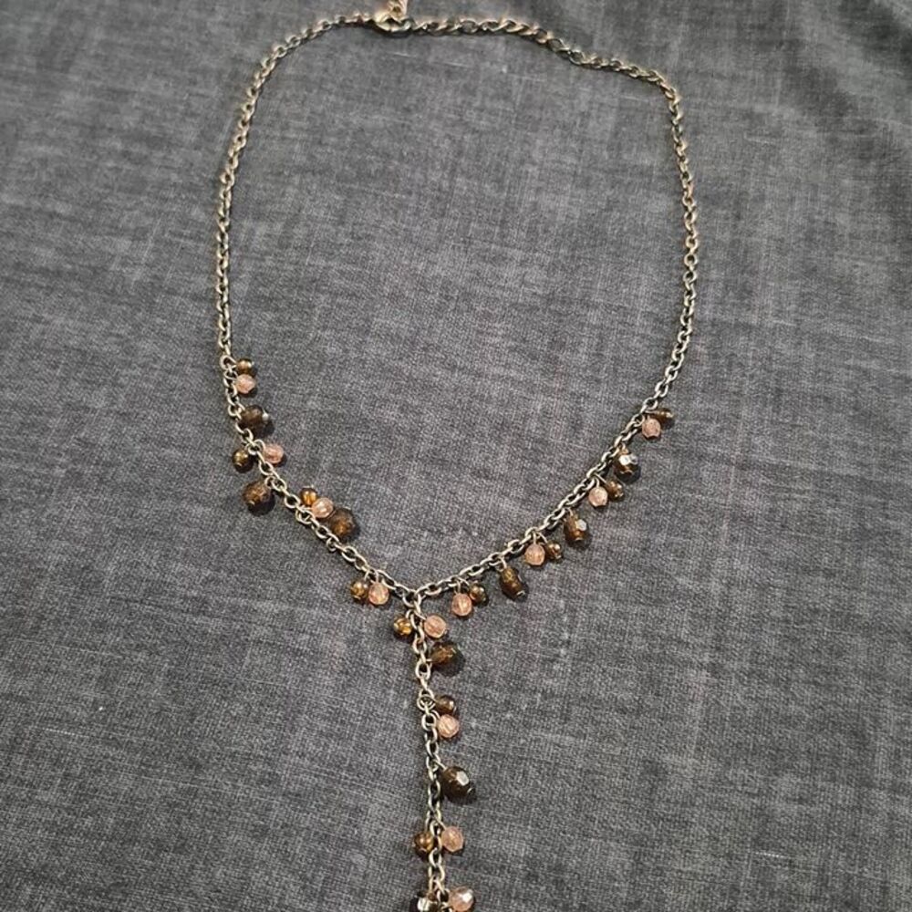 Brown and copper beaded necklace with silver chain and brown and copper beads #b